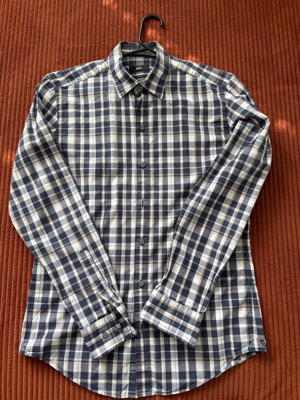 Boss Navy and White Plaid Button-Down Shirt